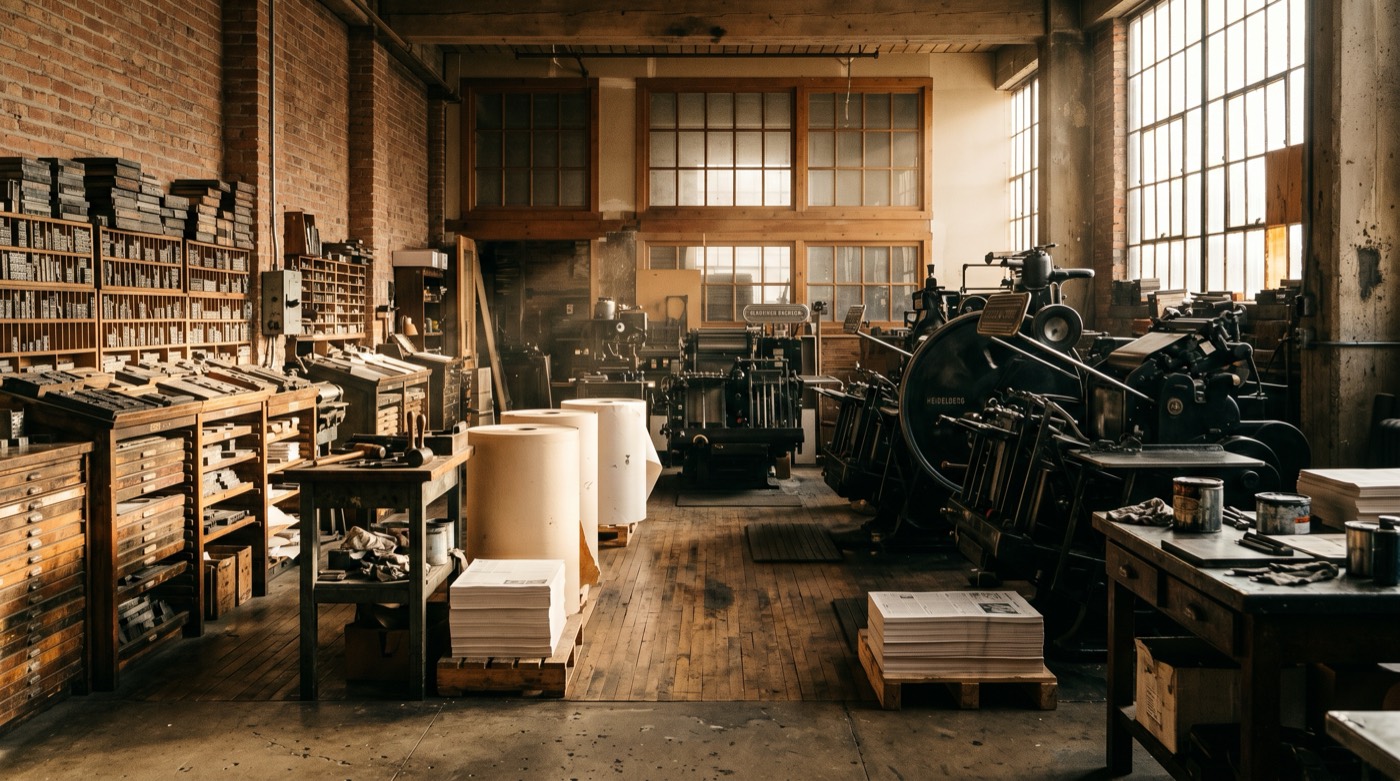 A vintage letterpress pressroom with raking afternoon light