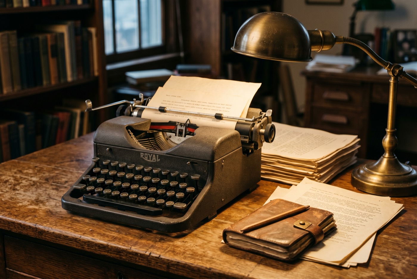A vintage typewriter on a desk with a half-typed page of editorial copy